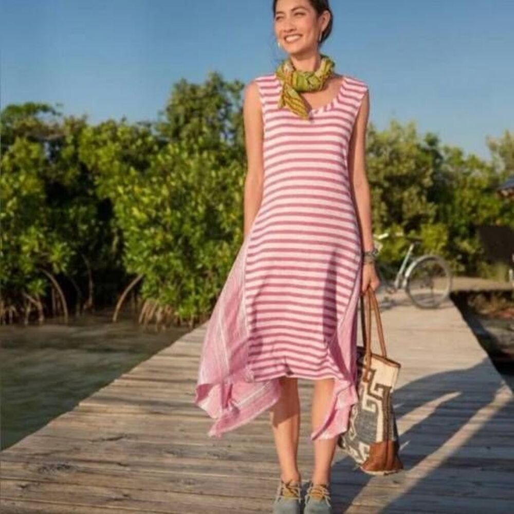 Sundance Pink White Stripe Linen Handkerchief Midi Tank Dress Large Coastal